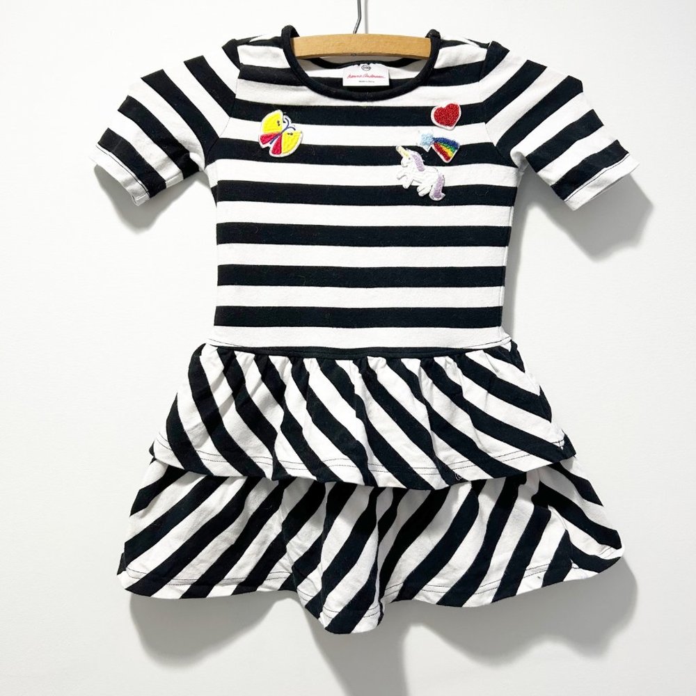 Hanna Andersson Tiered Ruffle Dress Patches Size 4 Black White Unicorn Rainbow